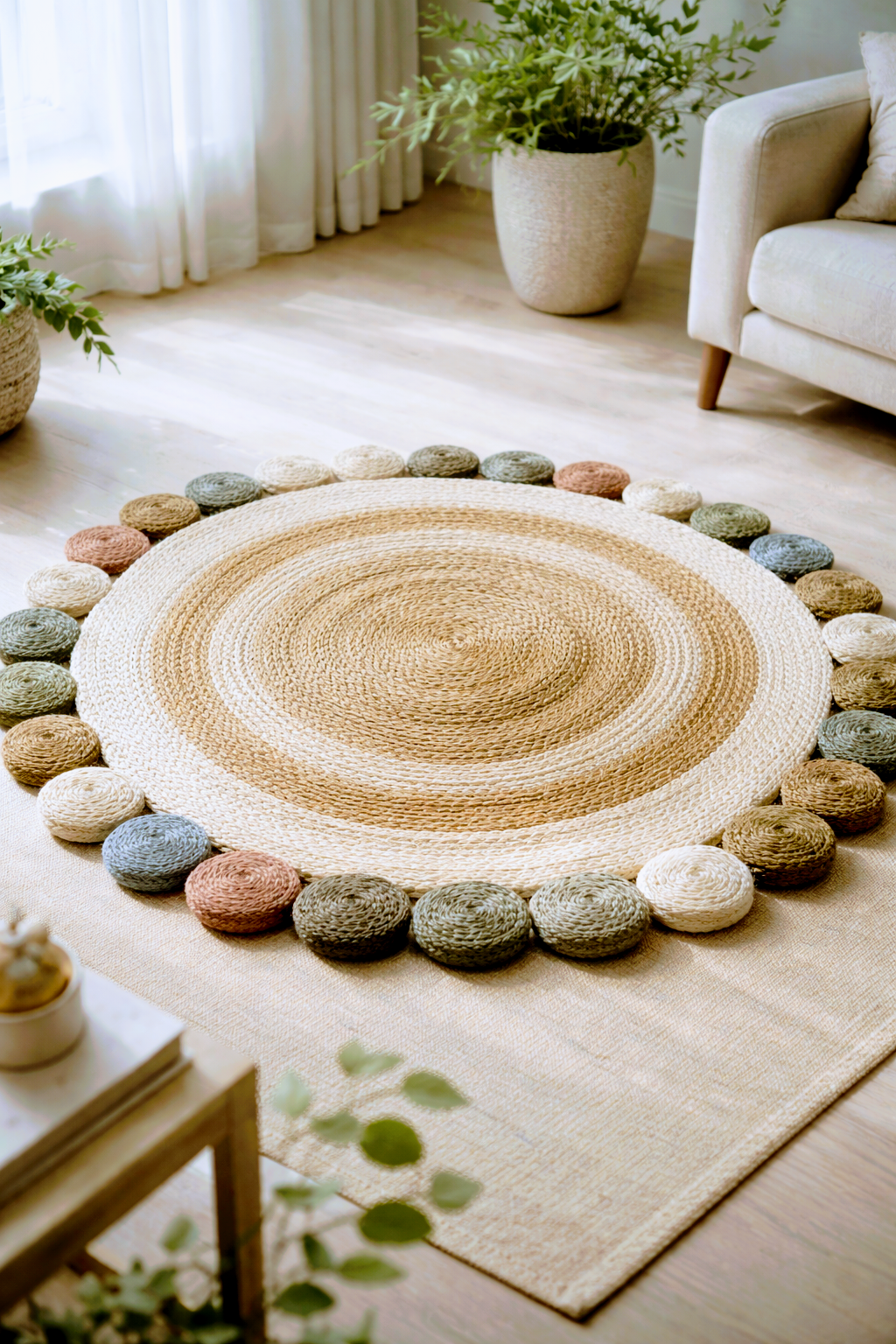 Round woven jute floor rug with pebbles on a wooden floor in a living room setting.