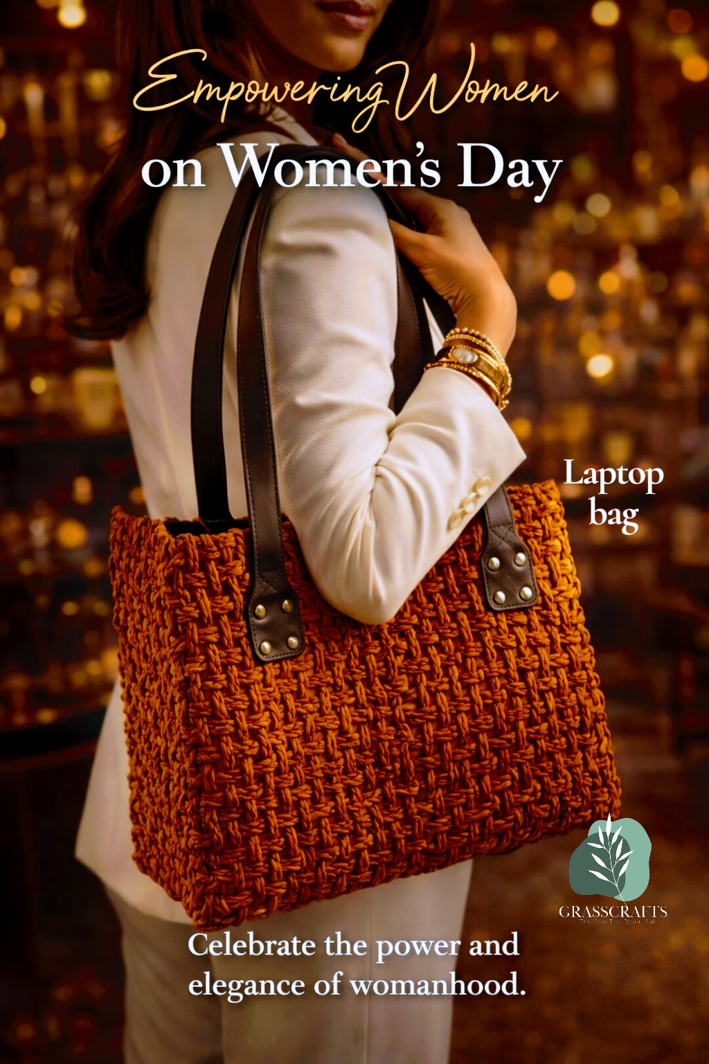 Person holding a brown woven laptop bag with text about Women's Day and Grassroots brand.