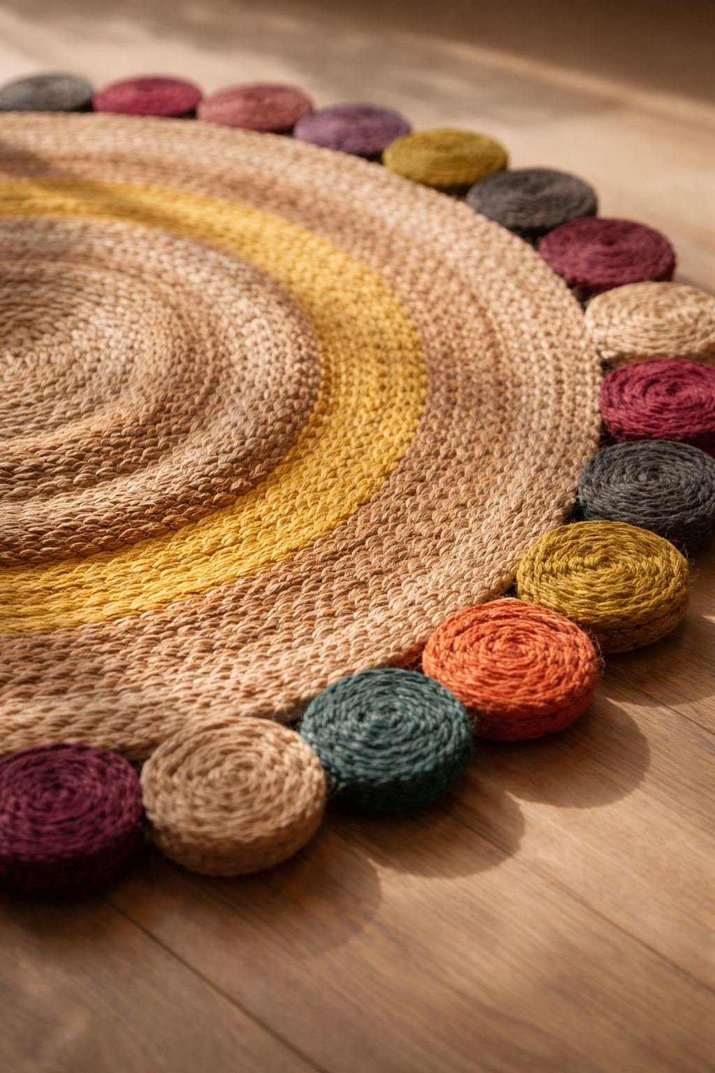 Round jute woven floor mat with colorful circular accents on a wooden floor