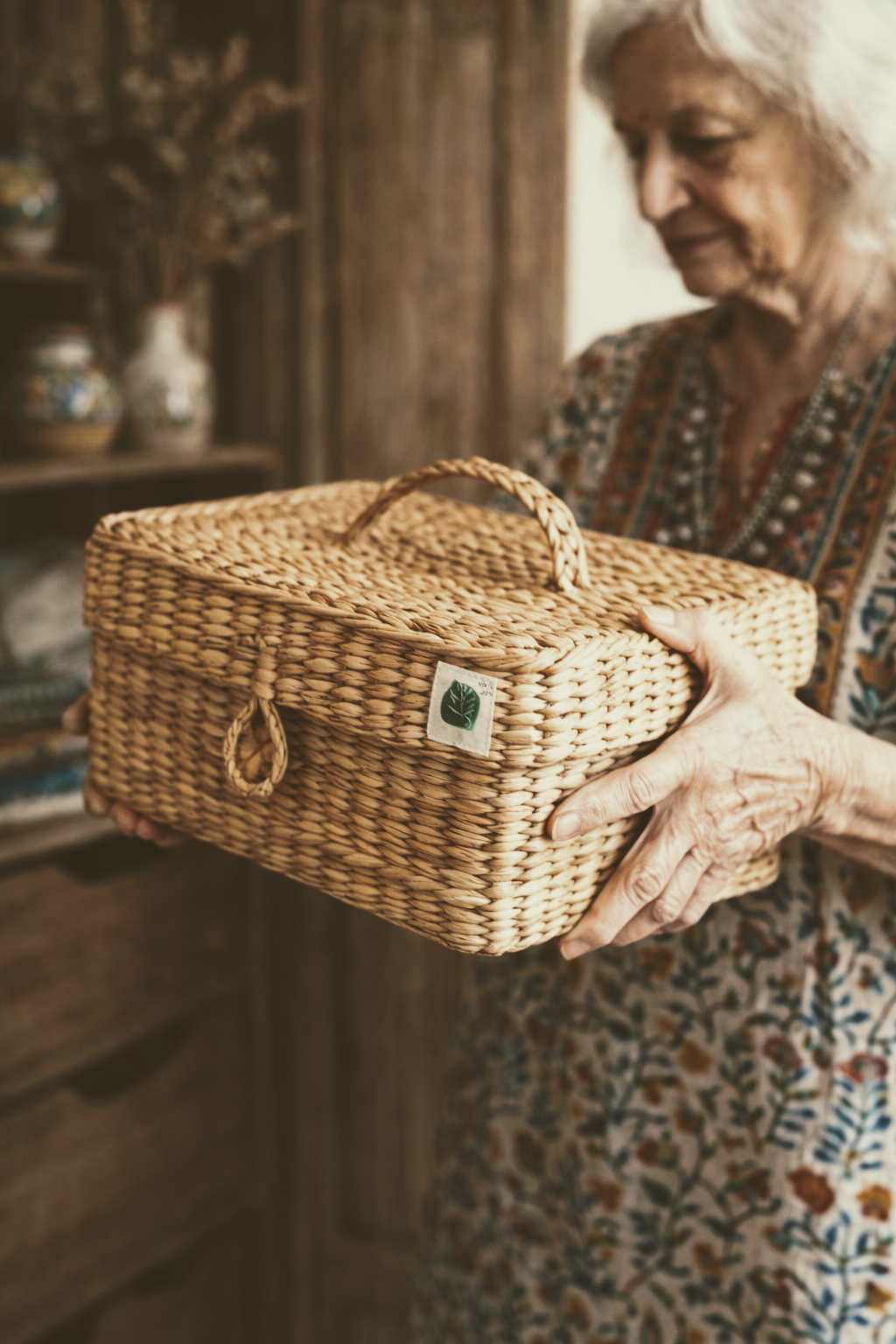 A mother holding a hand woven grass basket with a wooden shelf in the background
