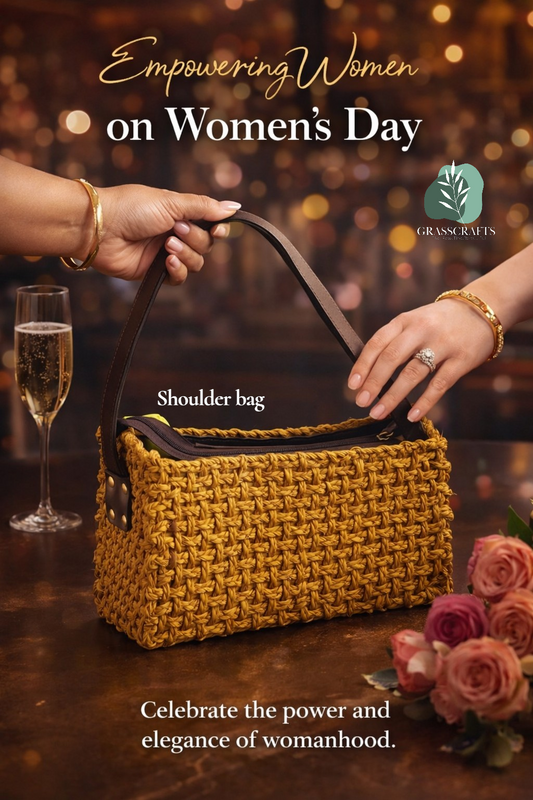 Yellow sabai grass shoulder bag held by hands with a blurred background and text about Women's Day.