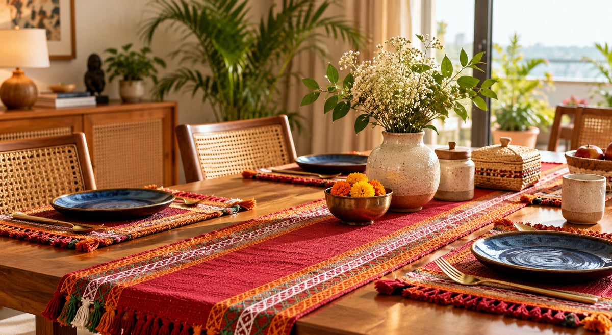 Handwoven natural fibre table setting with grass baskets and artisan-made décor by GrassCrafts India
