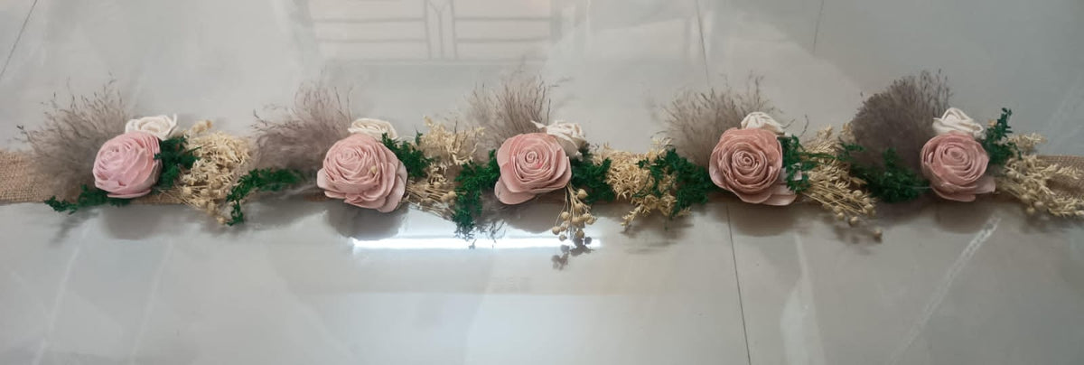 Handmade blush pink rose dry flower toran with greens on a jute base, 3 ft