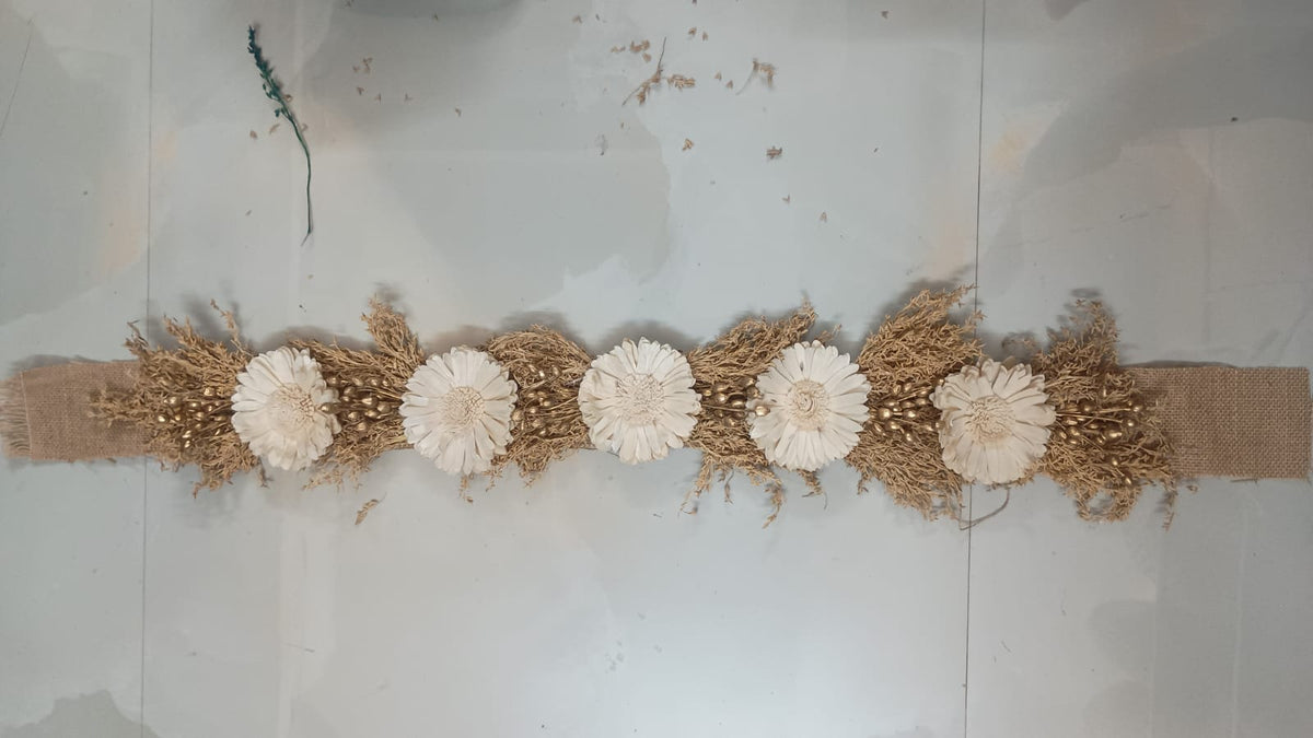 Handmade ivory and gold dry flower toran with natural dried grass on a jute base, 3 ft