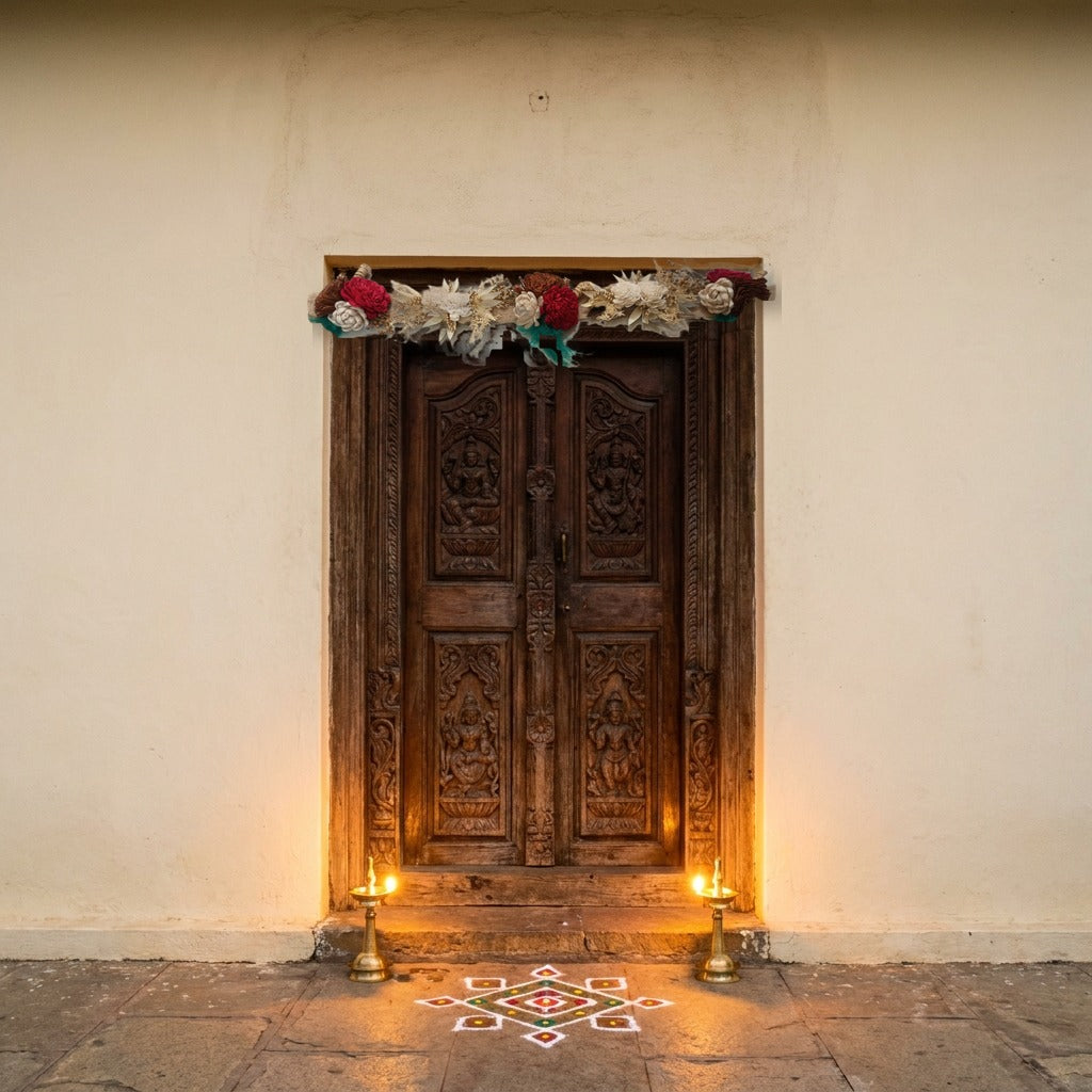 Red and ivory dry flower toran hung above a carved wooden main door with brass diyas and rangoli for Diwali
